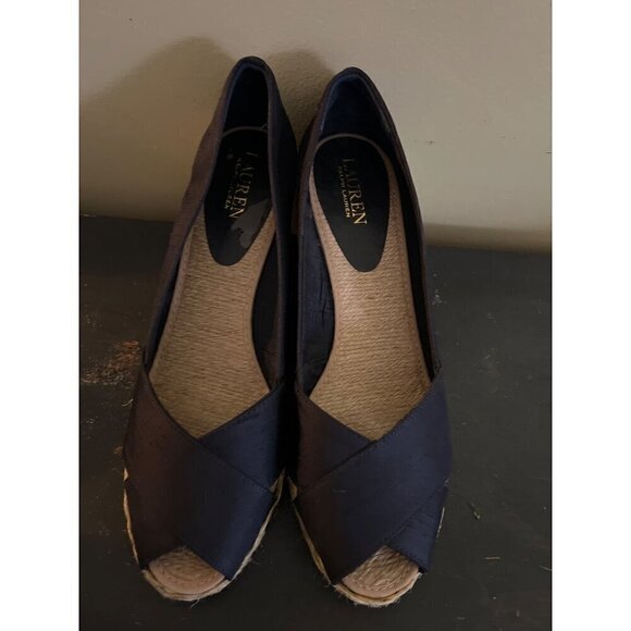 Ralph Lauren Cecilia Womens 10B Navy Shantung Wedge Espadrilles Vacation Resort - Picture 2 of 6